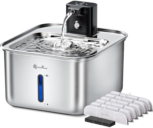 DownyPaws Cat Water Fountain Stainless Steel Wireless, Metal & 6 Filters by DownyPaws