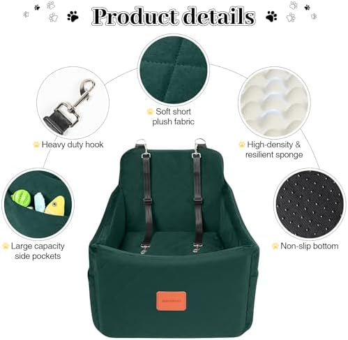Dog Booster Car Seat for Dogs up to 35lbs, Safety Pet Car Seats with Anti-Slip Bottom, Travel Booster Dog Bed with 2 Storage Pockets (Green, Medium) - Image 3