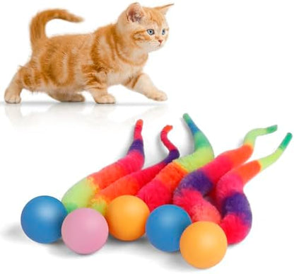 SHENGSEN Bouncy Ball with Tail Cat Toys-5 Packs,Rainbow Small Magic Worm with Ball Toy for Cats,Colorful Fuzzy Worm Bouncy Balls Cat Toy by SHENGSEN