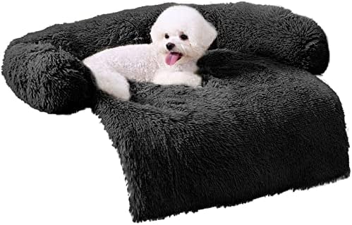HACHIKITTY Calming Pet Sofa Bed Mat, Washable Fluffy Couch Cover for Dogs and Cats, Anti-Slip Bottom (40"x 38"x 6", Black) by HACHIKITTY