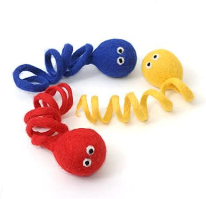 Glaciart One Felt Spring Cat Toy – 3 Pcs Soft Fuzzy Enrichment 100% Natural Wool - Interactive Stretchable Play Set - Safe for Pets, Non-AZO Colored Dyes - 4” Long by GlaciartOne