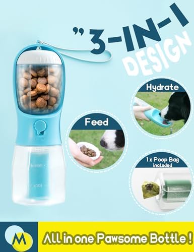 Portable Water Bottle for Small Dogs, 3 in 1 Pet Travel Bowl Dispenser with Food Treat Container & Poop Bag Holder, Summer Hiking Walking Accessories for Puppy On The Go - Blue, 10oz - Image 2