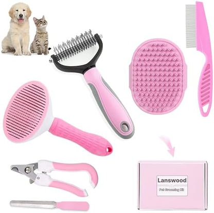 Dog Brush Grooming Kit 6PCS Dog Brush for Shedding-Dogs Brushes for Grooming, Dematting Comb for Dogs, Nail Clipper with Nail File, Flea Comb, Cat Bath Brush-Pink by Lanswood