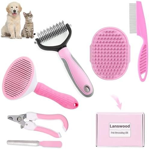 Dog Brush Grooming Kit 6PCS Dog Brush for Shedding-Dogs Brushes for Grooming, Dematting Comb for Dogs, Nail Clipper with Nail File, Flea Comb, Cat Bath Brush-Pink by Lanswood