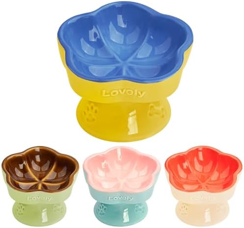S&Q's CERAMICS Raised Cat Bowl, Elevated Cat Bowl for Food and Water, Ceramic Titled Dish, Anti Vomit & Whisker Friendly, Microwave and Dishwasher Safe (Blue, 5.8") by SQsCeramics