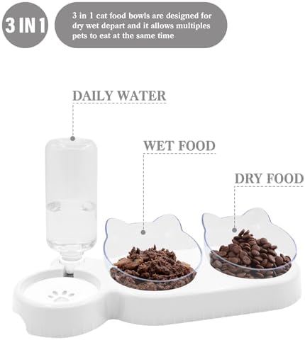 Triple Dog 3-in-1 Tilt Cat Bowls - Double Food Bowls with Automatic Water Bottle, Removable Wet & Dry Food Bowl Set for Small Cats & Puppies (White) - Image 2