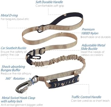Hotsky Tactical Bungee Shock Absorbing No Pull Strong Dog Leash,Khaki,4-6FT - Image 2