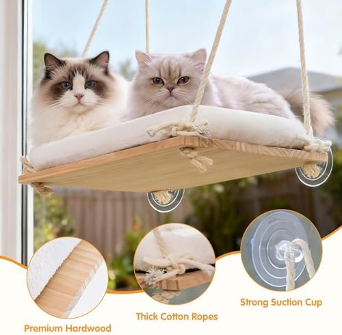 Large Cat Window Perch Hammock, Solid Wood Seat & Plush Cushion - Image 4