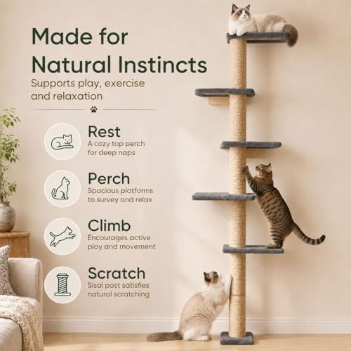 80-Inch Wall-Mounted Cat Tree with Scratching Post & 5 Perches - Image 4