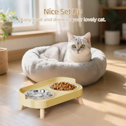 Elevated Cat Bowl, Raised Cat Food and Water Bowl Set for Indoor Cats, Splash Proof with 2 Stainless Steel Pet Food Bowls for Cats and Puppies, Whisker Fatigue and Dishwasher Safe - Yellow - Image 7