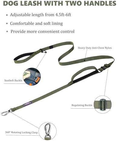 Hotsky Heavy Duty Double Handle No Bungee Dog Leash,ArmyGreen,4.5-6 FT - Image 2