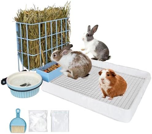BESNEW 3 in 1 Rabbit Hay Feeder with Litter Box,Upgraded Metal Hay Rack & Litter Tray & Water Bowl,Quick Cleaning,Easy to Install,Bunny Supplies for Rabbit Guinea Pig Chinchilla Small Animals by BESNEW