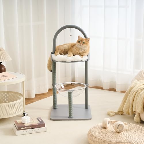 34" Modern Cat Tree Furniture for Indoor Small & Medium Cats, Minimalist Cat Tower with Scratching Posts, Wood Platforms, Capsule Perch, Stable Steel Frame & Washable Cushion, Dove Gray by Kicari