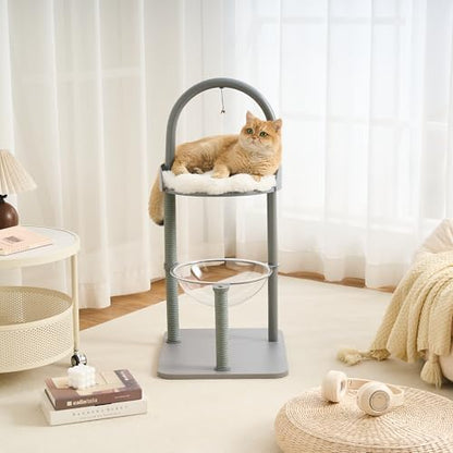 34" Modern Cat Tree Furniture for Indoor Small & Medium Cats, Minimalist Cat Tower with Scratching Posts, Wood Platforms, Capsule Perch, Stable Steel Frame & Washable Cushion, Dove Gray by Kicari