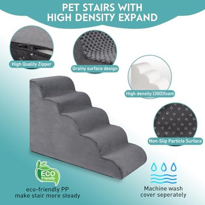 Dog Stairs for Small Dogs, 22.8" H Pet Stairs 5-Steps Ramp for Puppy, Older Cat, Stairs with Whole 30D High Density Foam, Corduroy Fabric, Non-Slip Bottom Dog Steps for Bed and Couch (Grey, 5-Step) - Image 4