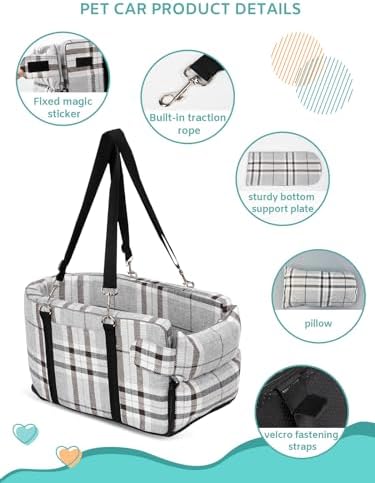 Prpeko Small Dog Car Seat, Portable Dog Seat with Soft Washable Cushion,Center Console Dog Car Seat for Small Dogs Up to 13lbs(Grid Grey) - Image 3