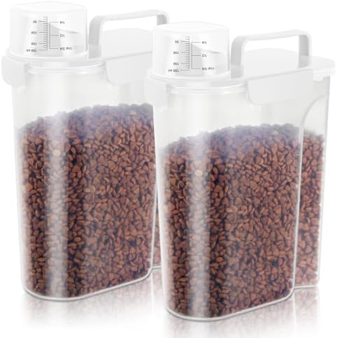 5Lbs Airtight Dog Cat Storage Container Portable with Upgraded Large Spout and Cup, Plastic Pet Food Dispenser for Small Animal Kibble, Bird Seed, Oatmeal, Rice, Flour, Brown Sugart-2 Pack Milky white by LEAWALK