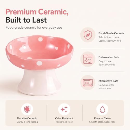 Pink Mushroom Cat Bowl, Elevated Ceramic Feeding Bowl - Image 6