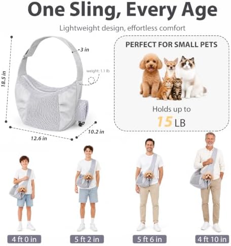 Dog Sling Carrier for Small Dogs & Cats Up to 15lbs, Hands Free Pet Carrier with Bottom Support and Large Pocket, Soft Breathable Mesh Cat Carrier Bag for Travel Hiking Walking (Grey) - Image 2