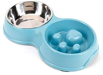 Slow Feeder Dog cat Double Bowl Stainless Steel and Anti-Choking Blue
