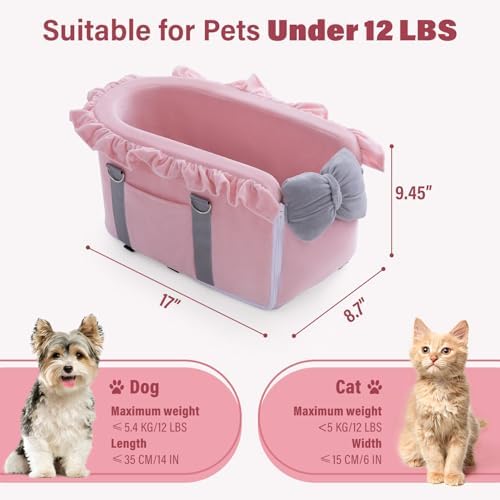 Jaoul Dog Car Seat for Small Dogs - Fully Detachable with Adjustable Straps Center Console Dog Car Seat - Comfortable Bow Design Pet Seats - Portable Pet Booster for Puppy, Cat (Pink Gray) - Image 4