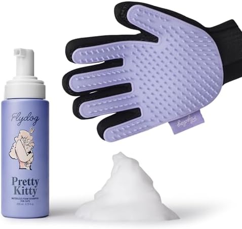Pretty Kitty Waterless Cat Dry Shampoo with Grooming Glove– No Rinse, Lick-Safe, Moisturizing for Dry Skin, Dandruff, Deshedding, Wash Soap Spray Foam for Kittens, Bathing & Cleaning Supplies by FlydogPremiumPetCare