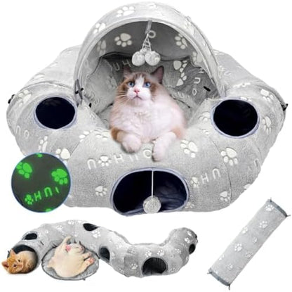 Cat Tunnel Bed, Cat Tunnels for Indoor Cats, Cat Donut Tunnel Toy with Washable Circle Cushion, Straight Shaped Tunnel, 4 Fluffy Balls, Blackout Tent, Self-Luminous Cat Toys（Grey） by OUHOU
