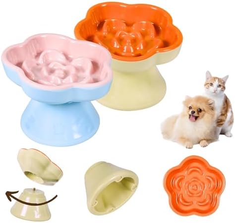 Detachable Slow Feeder Cat Bowl, Melamine Tilted Elevated Slow Eating Cat Bowls - Heavy Weighted, Non-Slip, Whisker Friendly, Dry & Wet Food, Dishwasher Safe (Pink + Orange, 5.8" x 2 Pack) by Tafelf