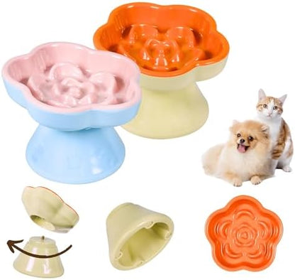 Detachable Slow Feeder Cat Bowl, Melamine Tilted Elevated Slow Eating Cat Bowls - Heavy Weighted, Non-Slip, Whisker Friendly, Dry & Wet Food, Dishwasher Safe (Pink + Orange, 5.8" x 2 Pack) by Tafelf