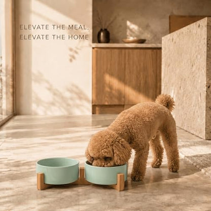 SPUNKYJUNKY Ceramic Dog and Cat Bowl Set with Wooden Stand, Modern Cute Weighted Food Water Set for Small Size Dogs (13.5OZ) & Medium Sized Dogs (28.7OZ) & Cats (1.7 Cups, 2 × Morandi Green) - Image 2