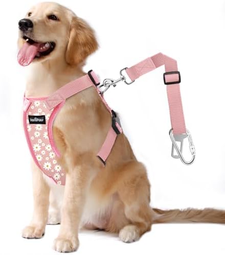 VavoPaw Dog Seat Belt, Safety Vest Dog Car Harness with Adjustable Buckle Dog Seat Belt for Vehicle Nylon Pet Safety Seat Belts Heavy Duty(XL, Pink Daisy) by VavoPaw