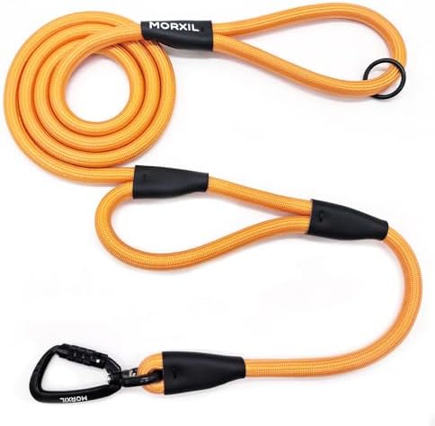 Rope Dog Leash with Two Handles, 6 Foot Heavy Duty Dog Leash with Aviation Aluminum Auto Locking Carabiner, Strong Nylon Pet Lead for Small, Medium, Large Dogs (Yellow, 6FT-Two Handle) by MORXIL
