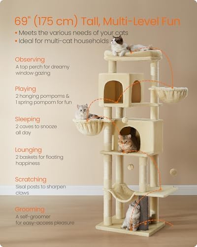 Feandrea Cat Tree, 69-in Large Cat Tower, Multi-Level Condo, Sand Beige - Image 3