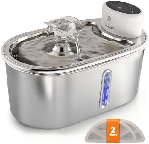 Wireless Cat Water Fountain Stainless Steel 108oz/3.2L, Cordless, Battery Operated Cat Fountain (Last up to 50 Days), Ultra Quiet, 2 Flow Modes, Multi-Filtration, BPA Free, Includes 2 Filters - White by LIPPUP