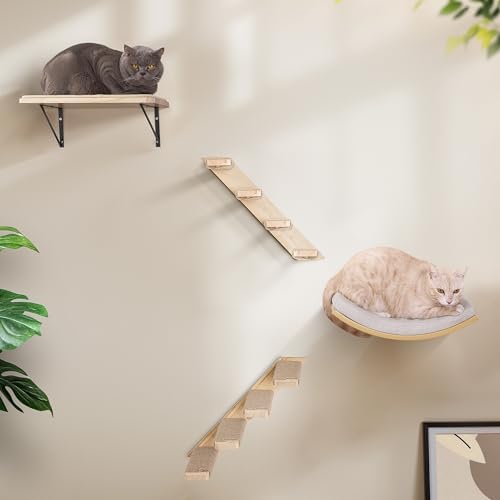 Cat Wall Stairs and Wall Shelves, 4 Piece Wood Cats Furniture Set, Padded Curved Bed with Foam, Flat Shelf & Climbing 4 Steps Stairs for Large Indoor Cats - Image 5