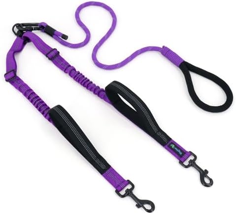 Double Dog Leash No Tangle – Dual Dog Leash for 2 Dogs with Shock Absorbing Bungee, 360° Swivel, Reflective Safety, Heavy Duty for Medium & Large Dogs (Vibrant Purple) by Wagtime+Club