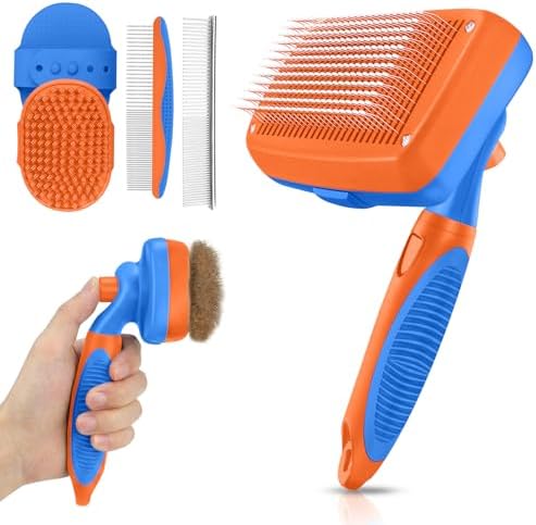 Self Cleaning Shedding Brush - 5-in-1 Professional Pet Grooming Kit Skin Friendly Grooming Tool for Dogs, Cats, and Puppies, Deshedding and Hair Removal for Long and Short Haired Pets,（Blue-Orange） by AUSRKI