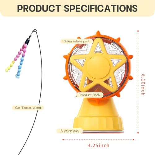 2-in-1 Interactive Cat Toy, Rotating Treat Dispenser with Strong Suction Cup & Teaser Wand, Adjustable Slow Feeder Puzzle Toy for Cats, Boredom Relief & Mental Stimulation Fits Kibble ,Treats (Yellow) - Image 2