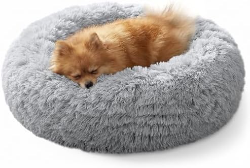 JOLLYVOGUE Calming Dog Bed for Small Dogs - 23 inches Donut Washable Small Dog Bed for Kittens & Puppies, Anti-Slip Round Fluffy Plush Faux Fur Cat Beds (Fits up to 25 lbs Pets, Grey) by JOLLYVOGUE