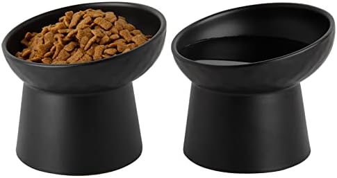 Elevated Cat Bowls, 15° Tilted Ceramic Raised Cat Food and Water Bowl Set, Whisker-Friendly Porcelain Pet Feeder Dishes for Indoor Cats and Small Dogs,Black,5.2 Inch,2 Pack by KITCHENLESTARaddsmorebeautifulcolourstoyourlife