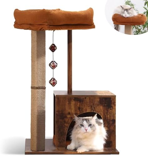 FUKUMARU Retro-Modern Cat Tree, Small Wooden Cat Tower with Post and Condo by FUKUMARU