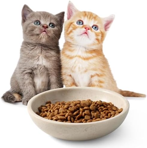 Karibiber Natural Marble Cat Bowl, Weighted 1.5lb Cat Food Bowl for Cat and Small Dog, Small Animal Pet Food Dish Non-Slip, Shallow Dish for Whisker Fatigue Relief, Premium Beige Stone for Home Decor by Karibiber