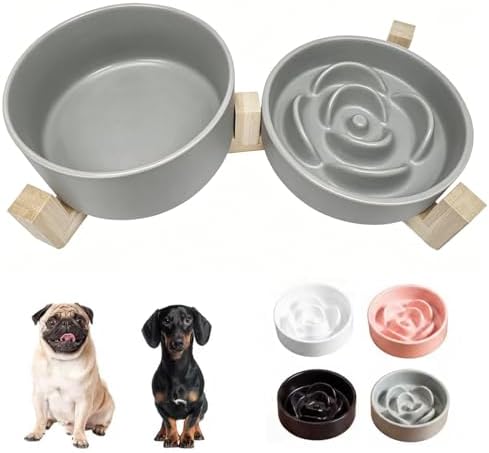 Ceramic Slow Feeder Dog Bowl Set-0.8 Cup Puzzle Dog Food Bowl（≈180g Food） for Fast Eater & 850ML Dog Water Bowl with Wooden Stand for Small Dogs and Cats,Anti-Slip-Gray by Unknown