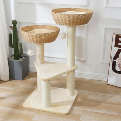 SHENGOCASE Cat Tree Tower with Rattan Wicker Basket, 2 Handwoven Large Nest Baskets Bed, Window Perch for Large Cats up to 20LBS - Image 4
