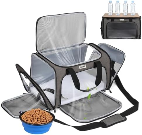 Pet Carrier for Cats & Small Dogs, Travel Carrier with Anti-Collapse Support, Chew Resistant Buckles, Luggage Sleeve, Multi-Pocket Storage, Reversible Mat & Bowl (Gray, Medium (17.5"x11"x11.5")) by Unknown
