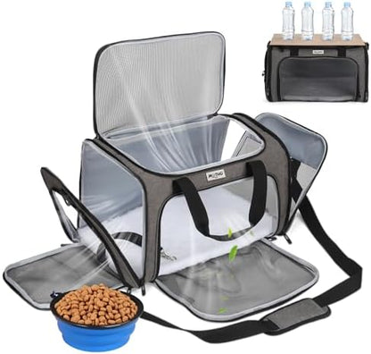 Pet Carrier for Cats & Small Dogs, Travel Carrier with Anti-Collapse Support, Chew Resistant Buckles, Luggage Sleeve, Multi-Pocket Storage, Reversible Mat & Bowl (Gray, Medium (17.5"x11"x11.5")) by Unknown