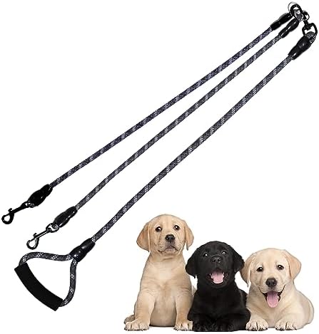 Dual Dog Leash, Reflective Heavy Duty Two Dog Leash for Small Medium Large Dogs, 2 Dog Leashes, 360° Swivel Tangle Free with Comfortable Handle, Support Add to Multiple Rope, Black by QINKOUDIH