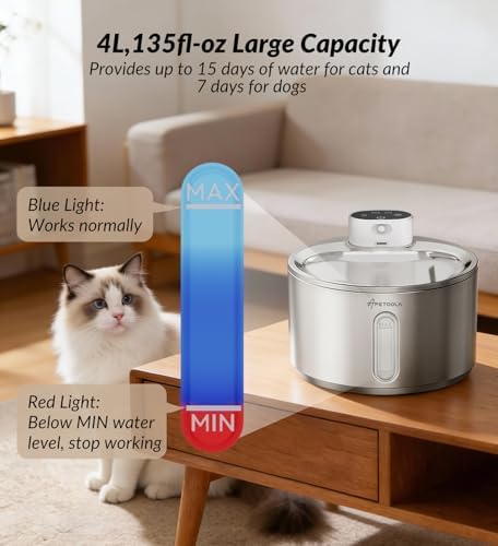 Cat Water Fountain Stainless Steel,135fl-oz/4L,Wireless Cat Fountain - Image 3