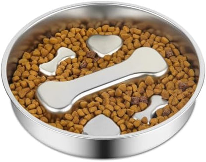 Stainless Steel Slow Feeder Dog Bowls,Slow Food Bowl for Dog & Cat - 2 Cups Capacity,Bone-Shaped Design Pet Food Holder,Metal Non-Slip Lick Plate,Puzzle Maze Dish for Small Sized Breeds by Dyienocs