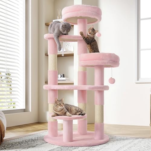 Allewie 55.5 in Cat Tree for Indoor Kitties/Soft Plush Perches/Multi-Level Cat Tower/Sisal Scratching Posts/Crescent Plates/Round Jumping Board/Hanging Ball/Pet Activity Center/Pink by Allewie